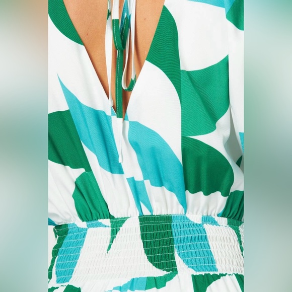 NWT Lauren Wide Leg Printed Jumpsuit | Green Blue Geometric | V-Neck Belted - Picture 6 of 6
